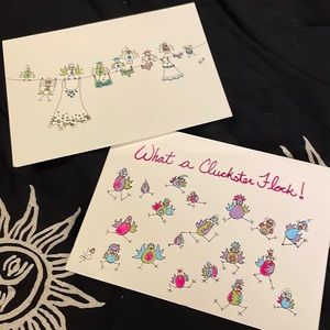 2 Handmade Original Art Cards - Cluckster Flock & Lingerie Birds Blank Inside